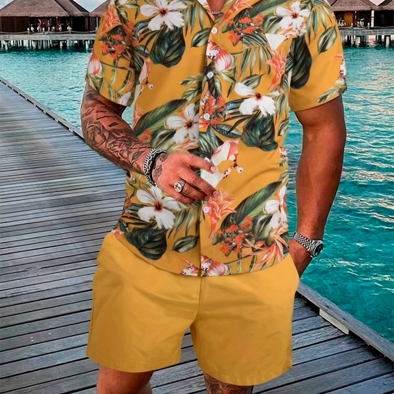 MenA Spring And Fall 2-Piece Beach-Style Short-Sleeved Button-Down Lapel T-Shirt Shorts drawstring Casual Business Sports suit 240816
