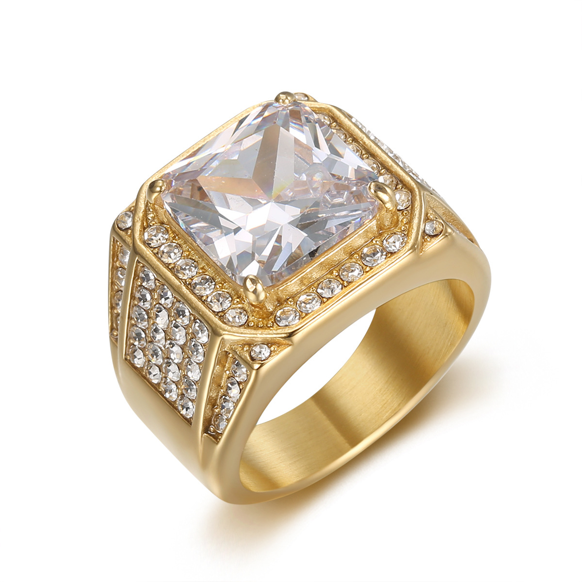 Hip Hop 316LStainless Steel Square Ring Titanium Steel Gold Plated Mens Jewelry