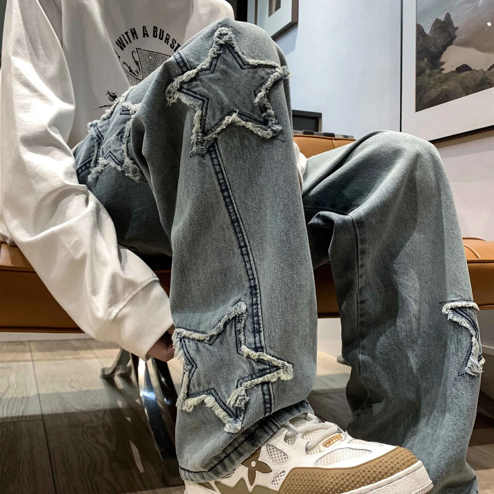 Mens Jeans Star Embroidered Ripped Hole Pants Graphic Motorcycle Loose Hip Hop High Street Punk Denim Clothing 240819