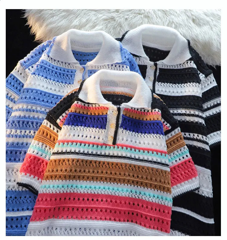 Mens Summer Casual Short Sleeves High Quality Knitted Polo ShirtsMale Slim Fit Hollow Out Plaid Leisure Polo Shirts Tops B47 240816