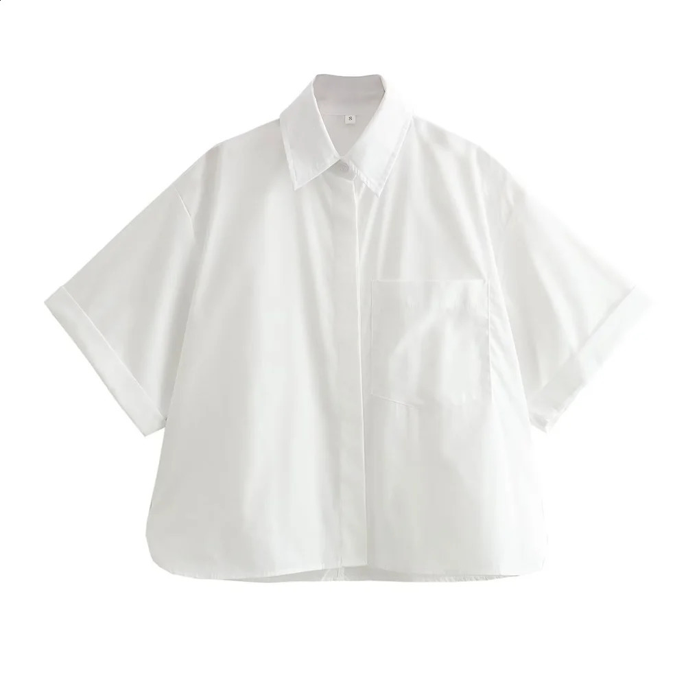 Zach Ailsa Spring Womens Fashion Polo Neck Curly Short Sleeve Pocket Decorative Solid Color Shirt 240814