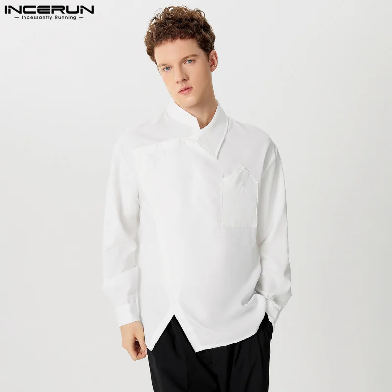 Casual Simple Style Tops INCERUN Mens Diagonal Placket Solid Simple All-matcg Blouse Handsome Male Long Sleeved Shirts S-5XL 240816