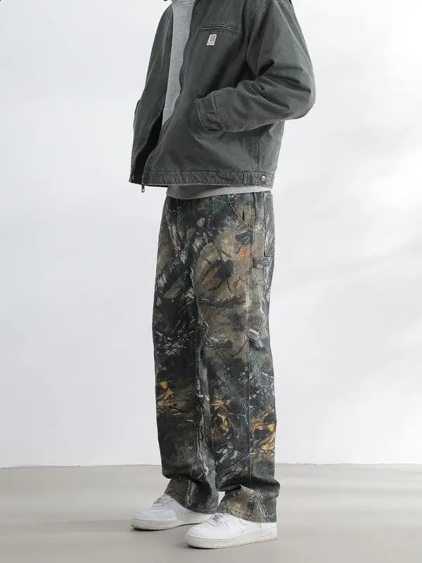 American Outdoor Straight Leg Personalized Branch Camo Retro Workwear Pants for Men and Women Hip Hop Loose Casual Pants 240819