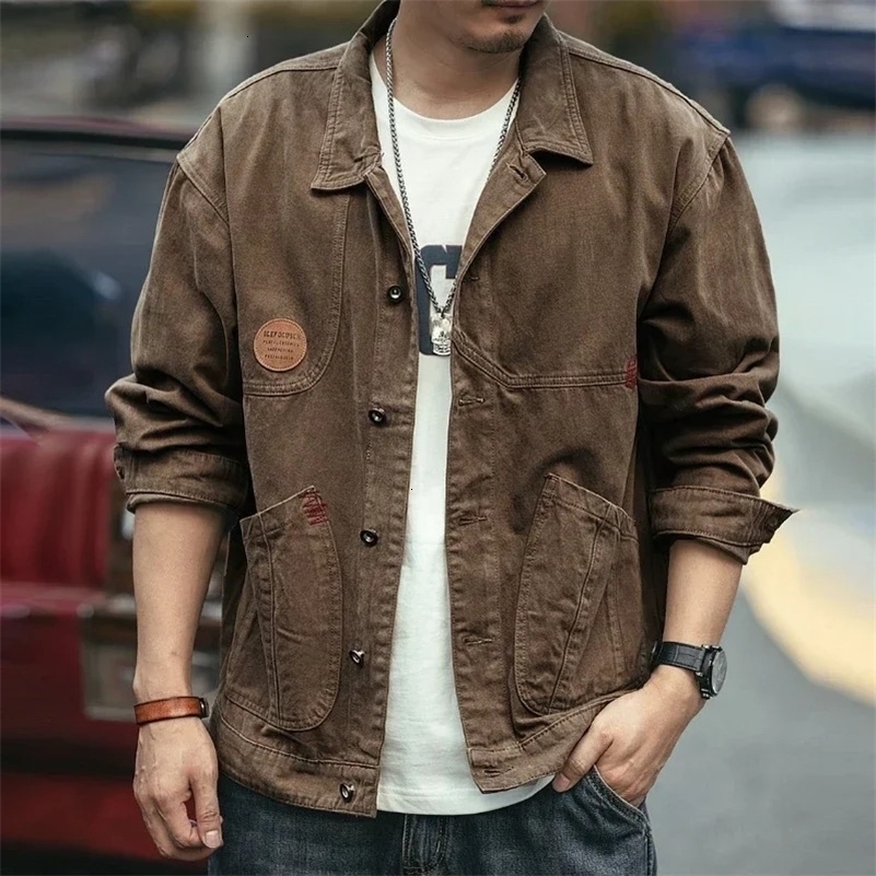 Jeans Coat for Men Cargo Button Denim Jackets Man Brown Cowboy Korea Y2k of Fabric Low Price Cowgirl in Lowest High Quality Worn 240816