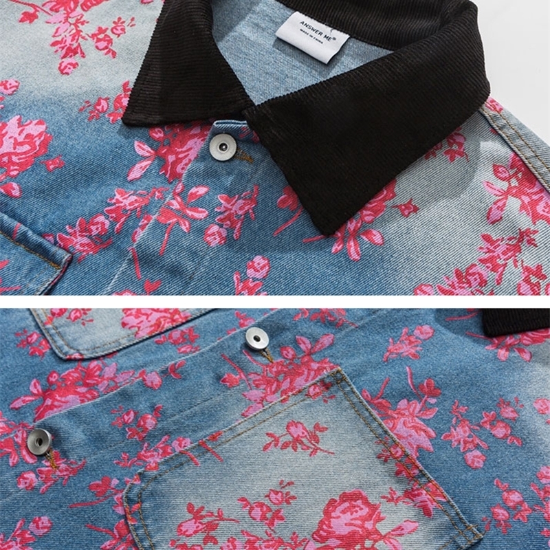 Autumn Spring Flower Rose Print Denim Jean Jacket Unisex Men Baseball Bomber Unisex Women Varsity Coat High Street Cotton Chic 240816