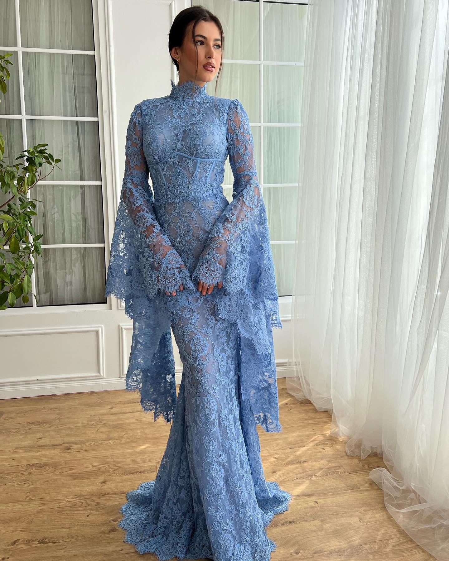 Elegant Arabic Lace Evening Dresses With Long Sleeves Prom Gowns Mermaid High Necke Or Length Muslim Formal Wear 0218