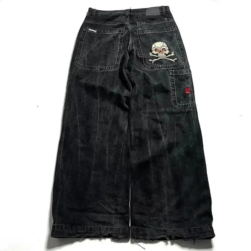 Retro skull pattern embroidered loose jeans 2024 JNCO jeans Y2K Harajuku black pants mens and womens Gothic high waisted pants 240819