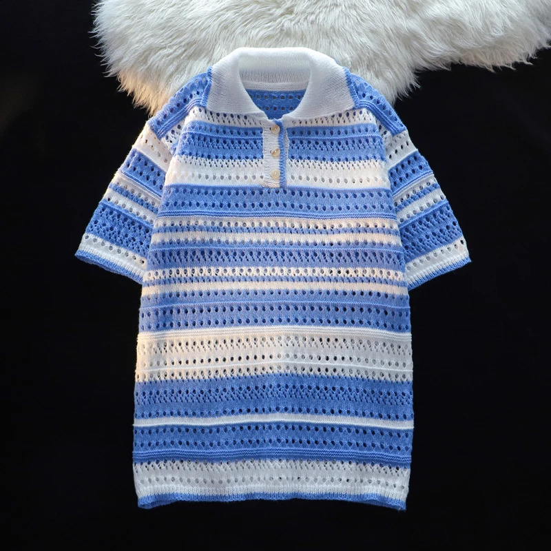 Mens Summer Casual Short Sleeves High Quality Knitted Polo ShirtsMale Slim Fit Hollow Out Plaid Leisure Polo Shirts Tops B47 240816