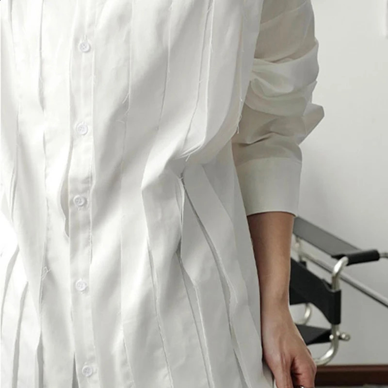 IEFB Large Loose Patchwork Fringed Ribbon Long Sleeve Irregular Shirt Single Breasted Simple Temperament 9A3172 240816