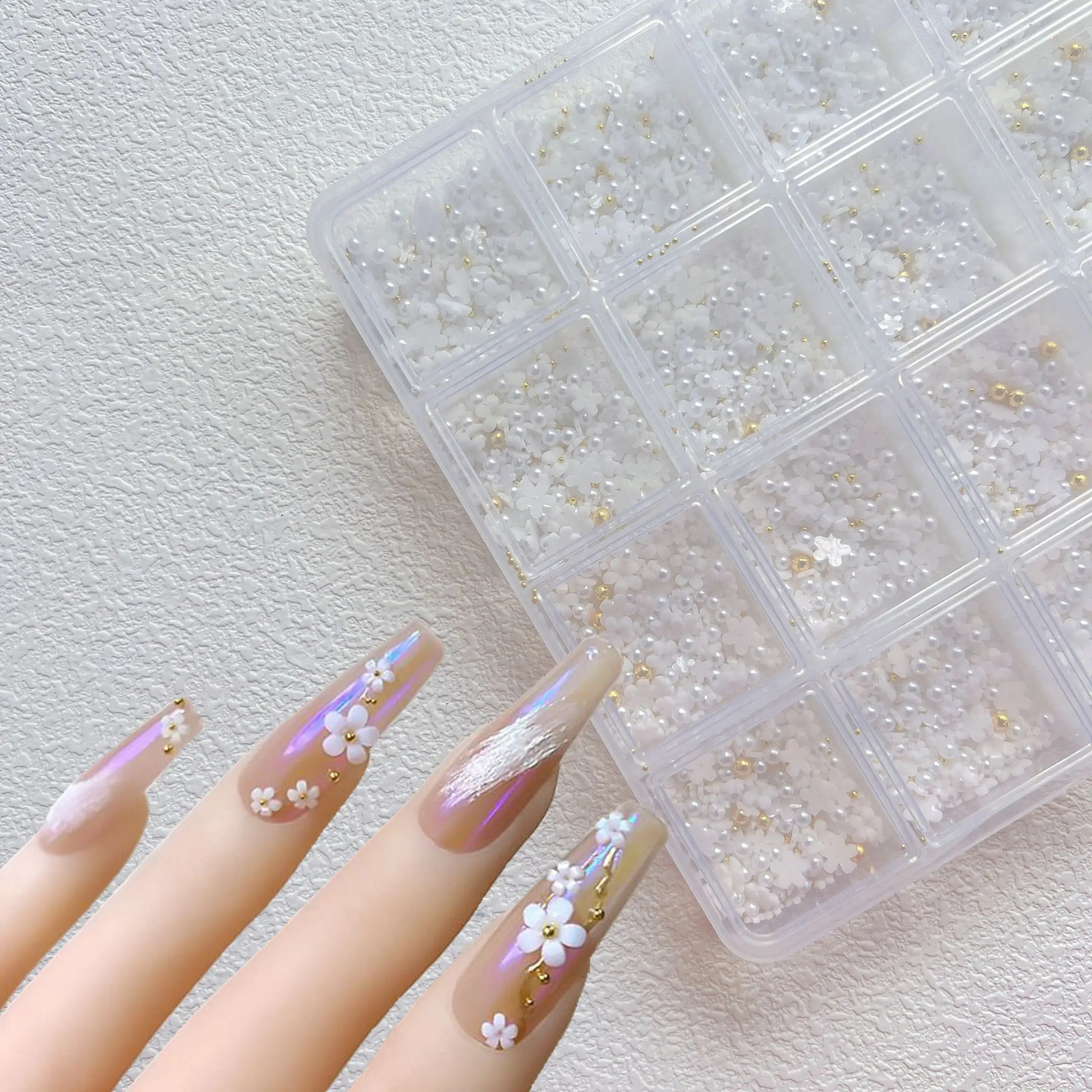 1Set Mini White and Color Flowers with Beads Nail Art Decoration 240814