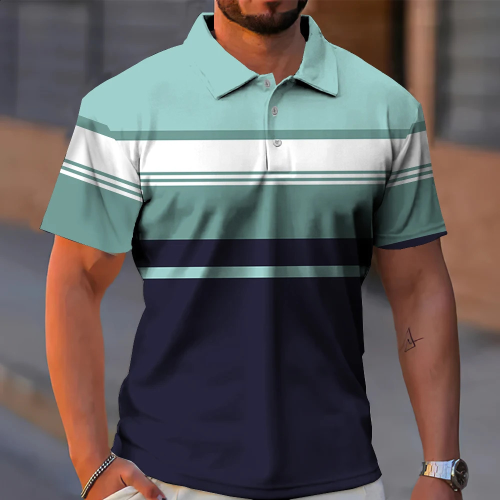 Business Casual Golf Mens Polo Shirts Summer Fashion Short-Sleeve T Shirt Gradient Line Printing Tops Daily Oversized Poloshirt 240816