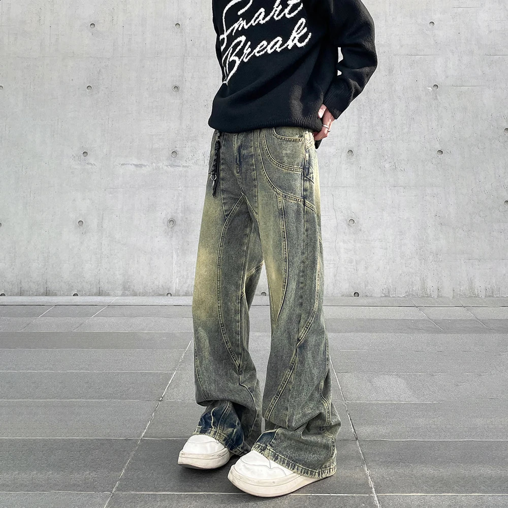 Vintage Flared Jeans Men Wide Leg Baggy Trousers Autumn Streetwear Fashion Distressed Original Street Y2k Denim Pants Winter 240816