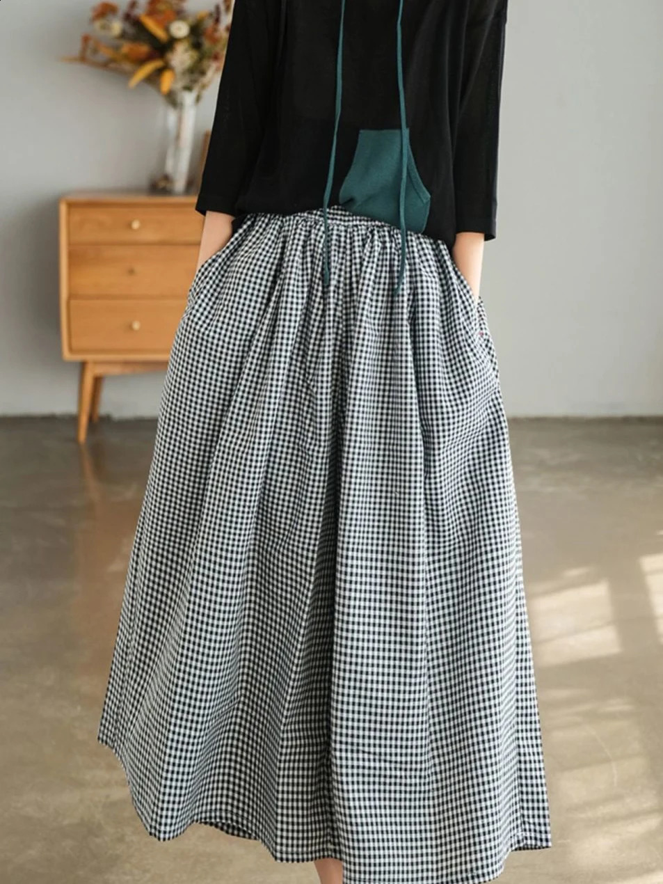 Elegant Woman Dress Plaid Pants Thin Cotton Linen Wide Leg Trousers Women Summer High Waist Baggy Jogger Pants Sweatpants 240816
