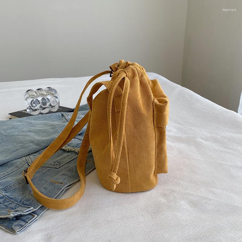 2025 NEW Bag Solid Color Corduroy Simple All-match Drawstring Bucket Retro Shoulder Western Style Messenger For Women zhanyishengli