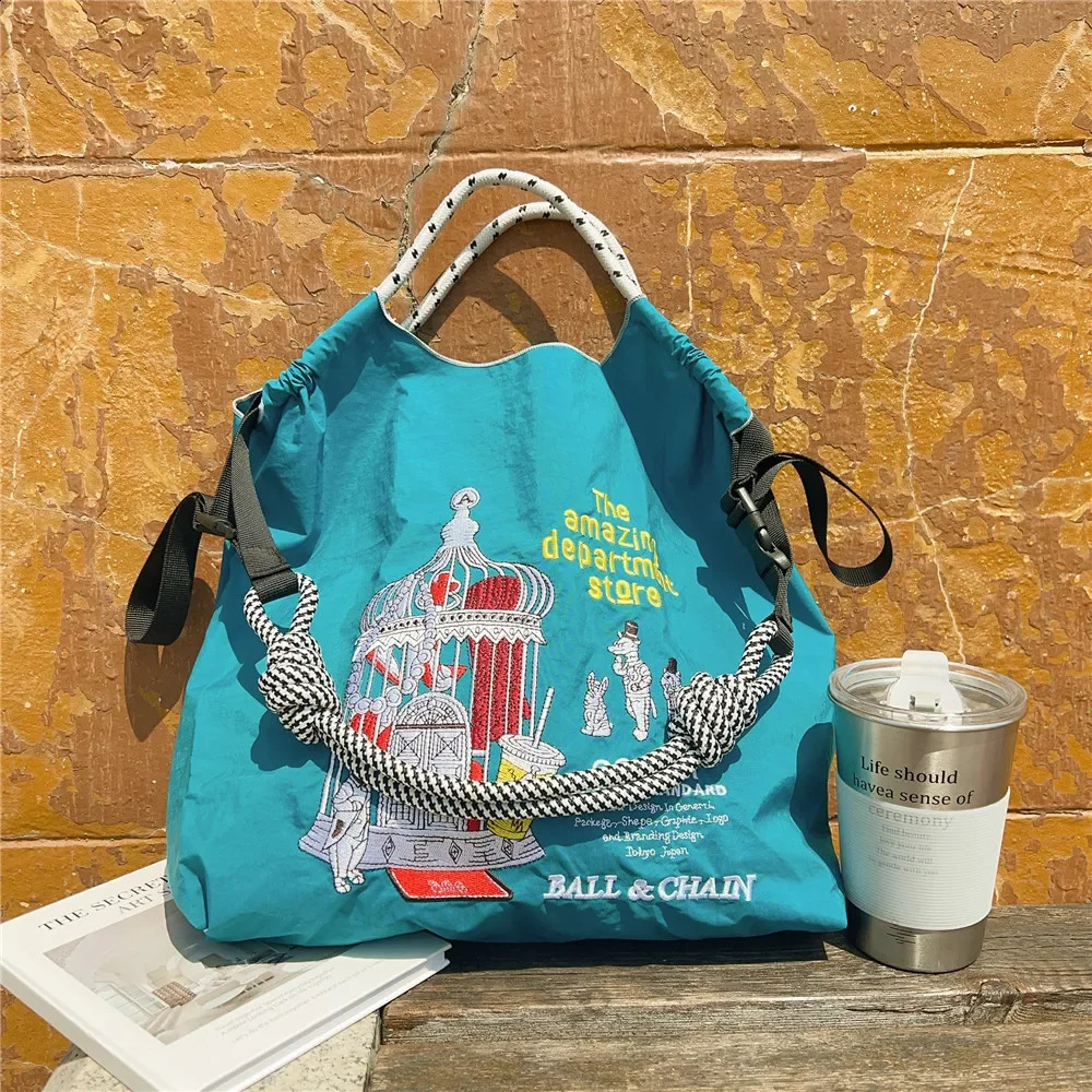 3 Overlarge Embroidery Shoulder er Eco Bags for Women Rope Handle Handbags Drawstring Bag Reusable Shopper Tote 240819 4