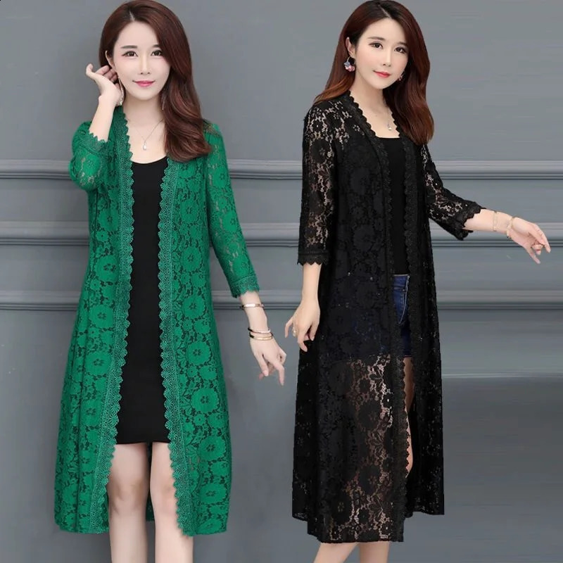 Women Lace Cardigan Mid-length Summer Mesh Shawl Loose Over-the-knee Sun Protection Clothing Women Shirt Outerwear 240819