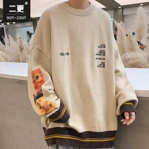 Mens Pullover Printed Van Gogh Embroidered Knitted Sweatshirt Long SleeveW240729