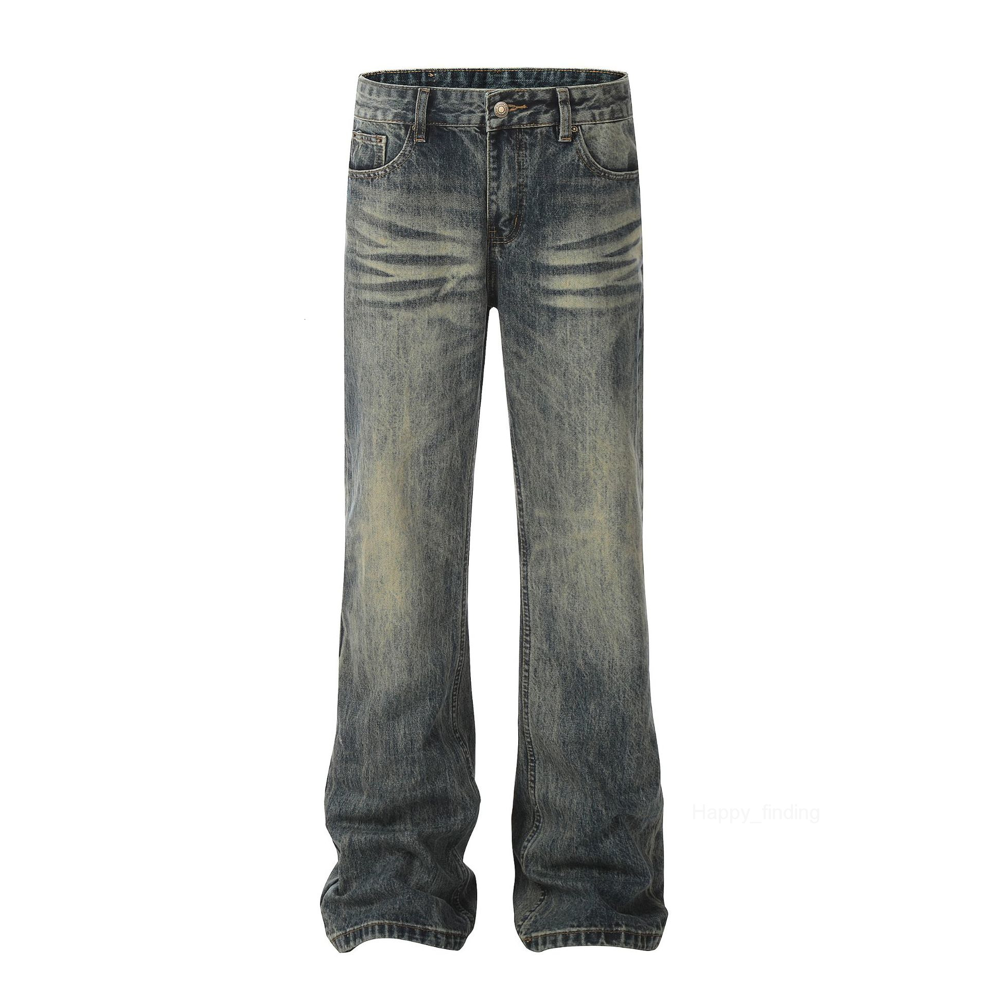 American Street Yellow Mud Washed and Worn Denim Jeans with a Slimming and Sagging Feel for Both Men and Women
