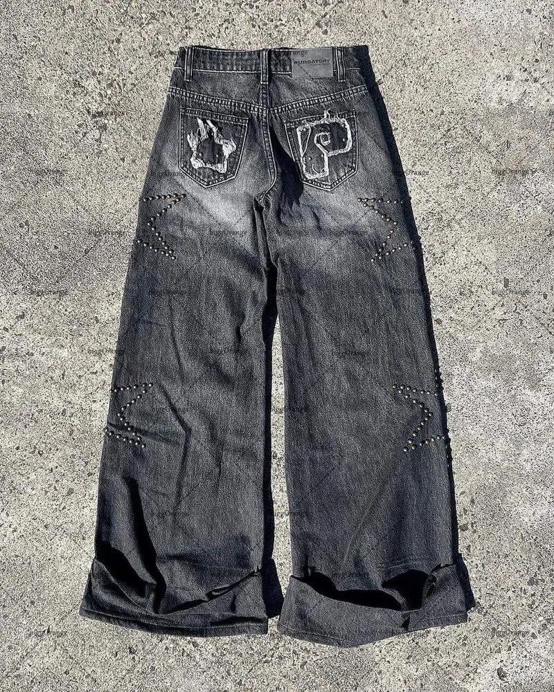 American Style Star Diamond Jeans Mens Y2K High Street Fashion Retro Trousers Casual Loose Wide-leg Pants 240815