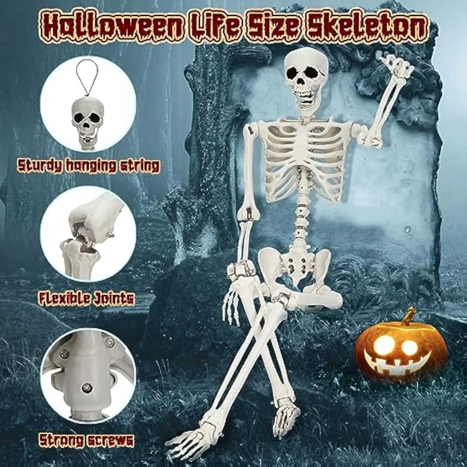 New 165cm Halloween Life Size Skeleton Plastic Skeleton Poseable Joints Realistic Skull Human Bones Cemetery Haunted House Decor CL240819