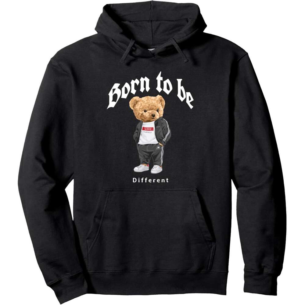 Hoodie for Mens Womens Born To Be Different Cool Teddy Bear Quotes Graphic Designs Pullover Hoodie Hoodies sweatshirt pullover jacket Long sleeve