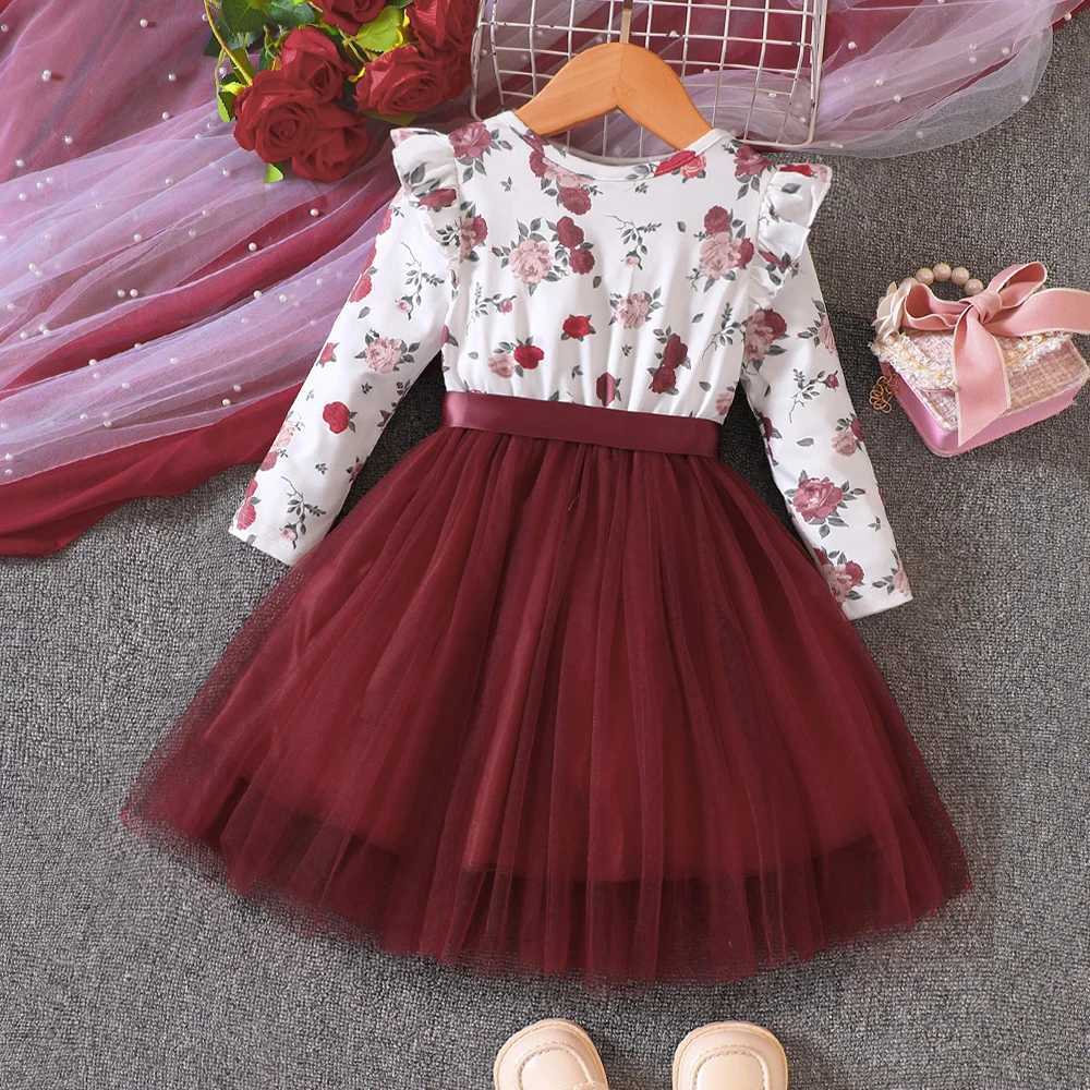 New Girls Spring and Autumn Flying Sleeves Long Sleeve Printed Mesh Dress for Primary and Secondary School ChildrenXJ241206