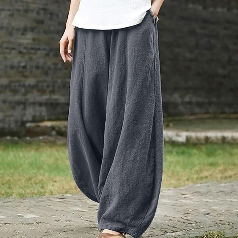 Spring Summer Cotton Linen Style Bloomers Wide Leg Pants Women Vintage Full Length Elegent Pants Solid Elasitic Waist S-5XL 240816