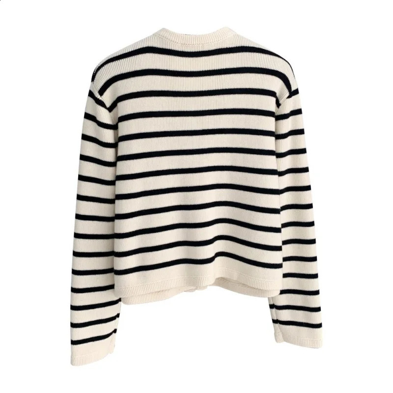 Womens long sleeved round neck button up front striped knitted cardigan wool sweater 240819