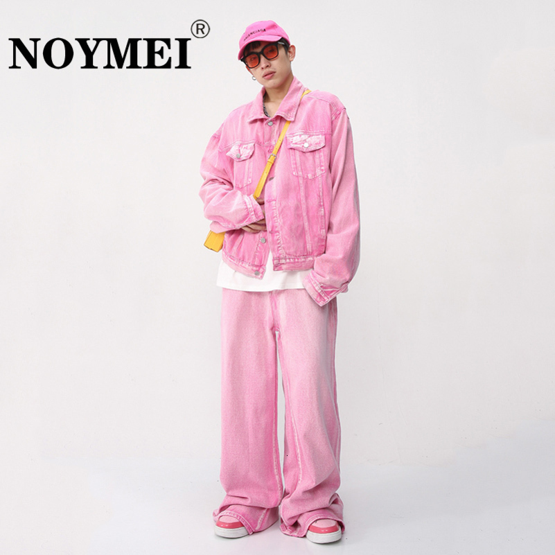 NOYMEI Pink Two Pieces Set Fashionable Long Sleeve Pocket CoatStraight Wide Leg Casual Pants Men Denim Trendy Suit WA1595 240816