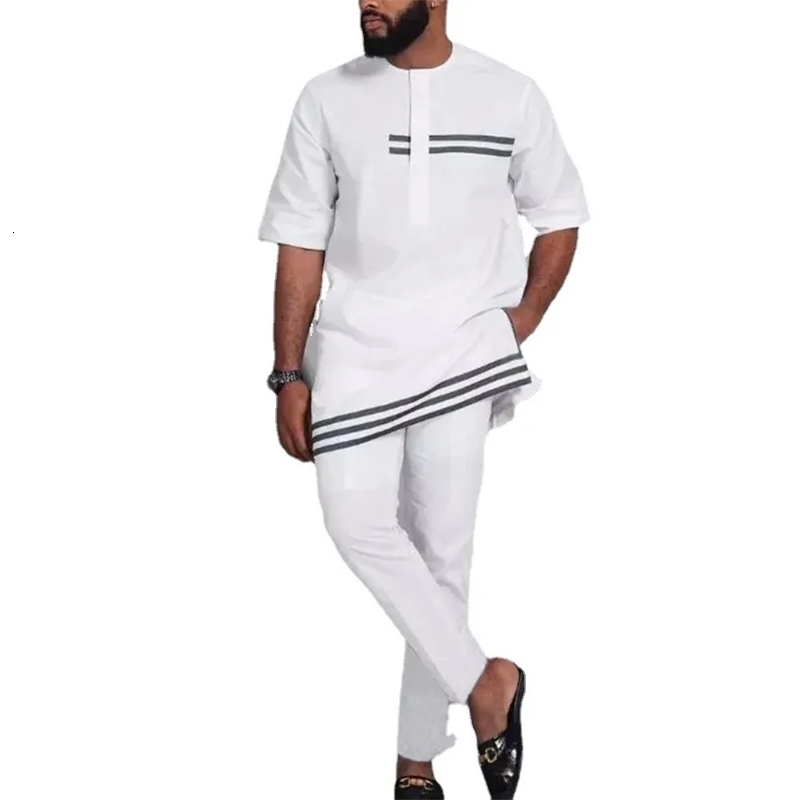 Abaya Men Striped Round-neck Long-sleeved Casual and Simple Suit Sets Traditional Clothing in Arabia Turkey and The Middle East 240816