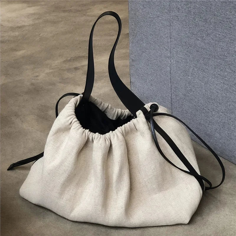 Korean Contrast color Women handbag Drawstring canvas ladies shoulder bag large capacity travel bag female big bolsas bao 240816