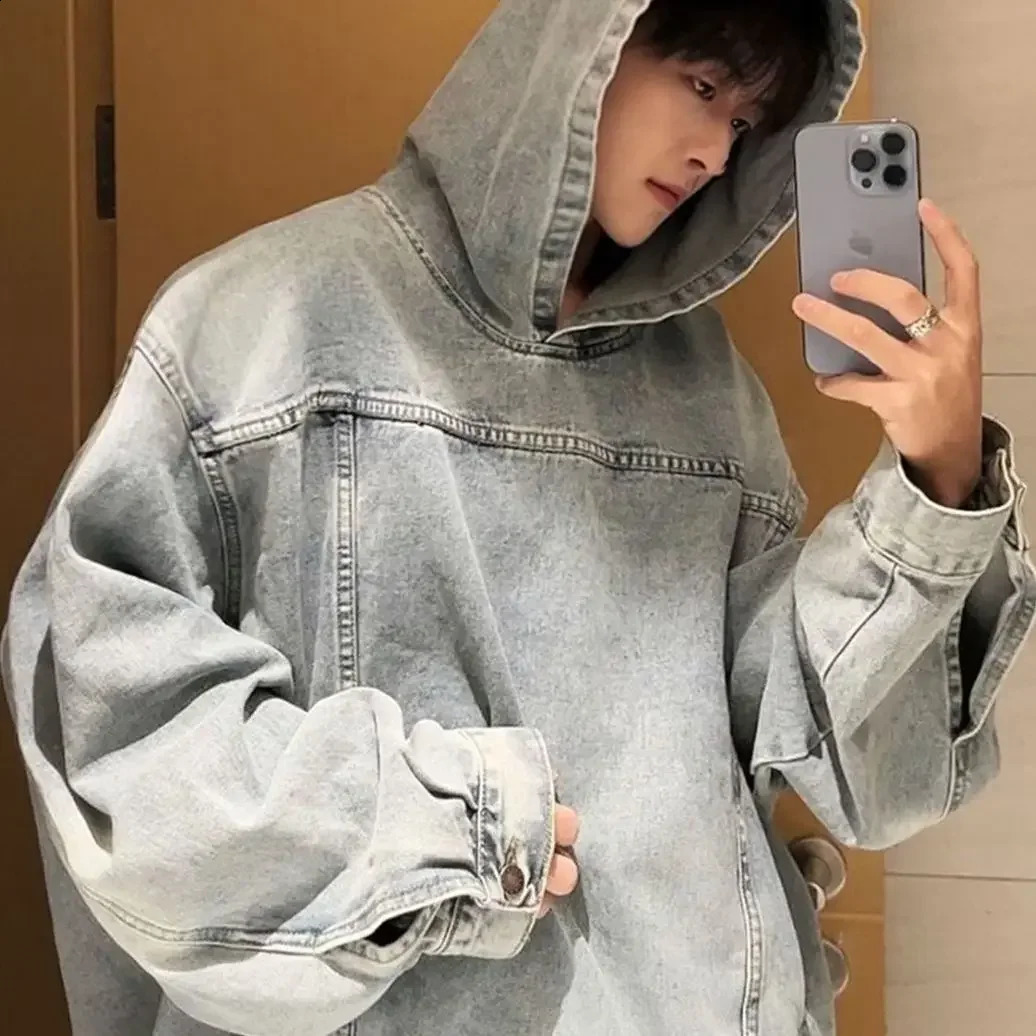 Early Autumn Denim Jacket For Men Paris Washing Vintage Weekend Jacket Trendy Casual Loose Fit Hooded Sweatshirt 240819
