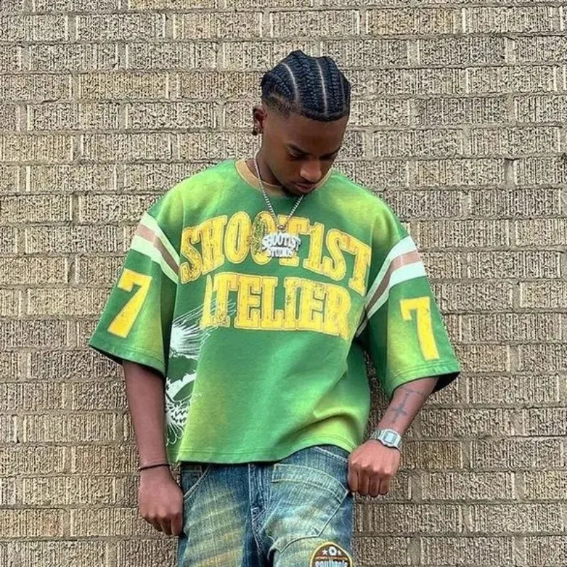 High Street Hip hop retro Y2k round neck pure cotton summer letter printed mens casual top from the United States 240819