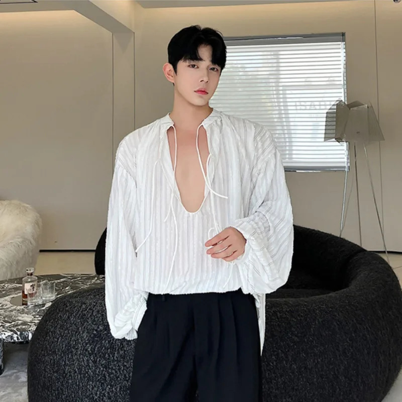 NOYMEI Korean Ruffian Flocking Dark Pattern Tie Breathable Lantern Sleeve Shirt Sexy Spring Mens Top WA4084 240816