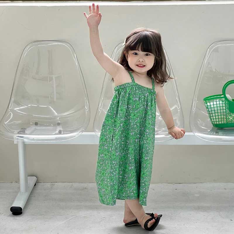 Childrens girl jumpsuit summer floral print baby casual wide leg pants sleeveless beach pendant jumpsuit 3-8Y W240806