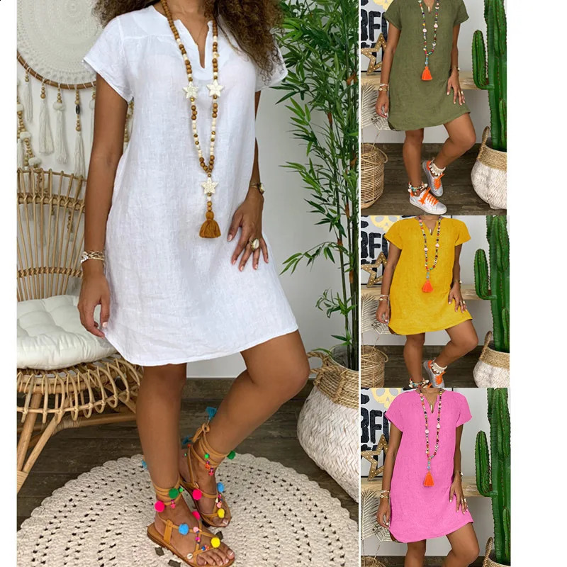 Summer loose solid color short sleeved V-neck cotton linen dress Womens stock dress 240816