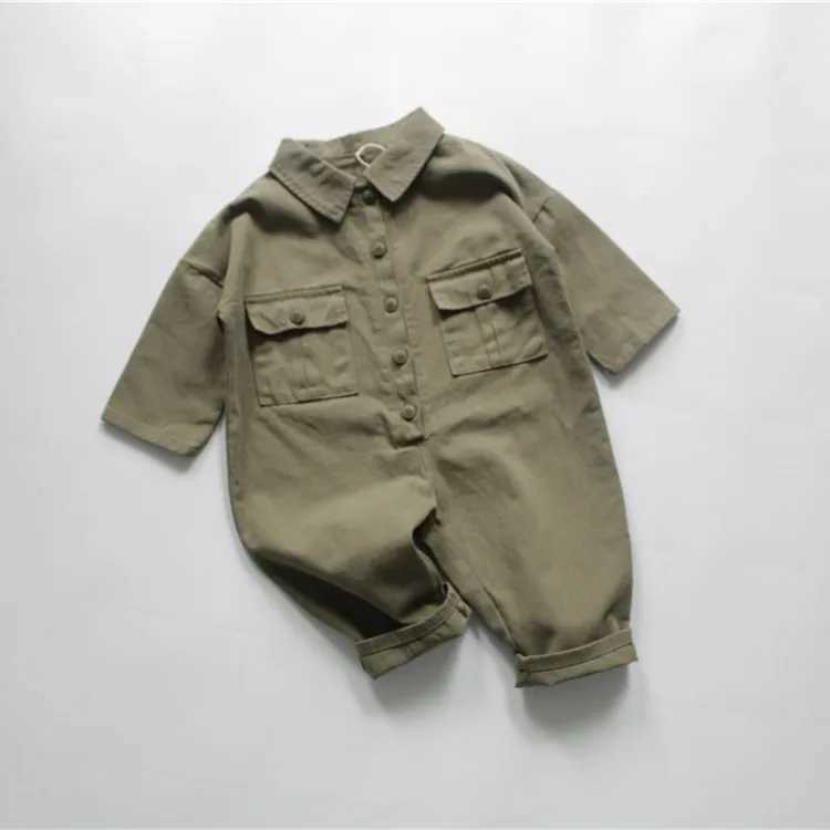 Autumn New Korean Style unisex childrens long sleeved solid color pocket toddler jumpsuit W240806