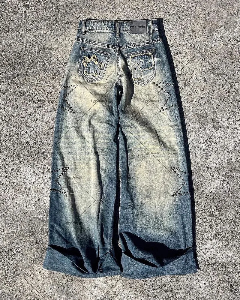 American Style Star Diamond Jeans Mens Y2K High Street Fashion Retro Trousers Casual Loose Wide-leg Pants 240815