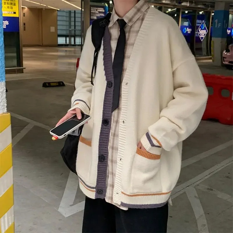 Cardigan Man Clothes V Neck White Knitted Sweaters for Men Striped Black A 90s Vintage Long Sleeve 100% Pull Oversize Tops 240816