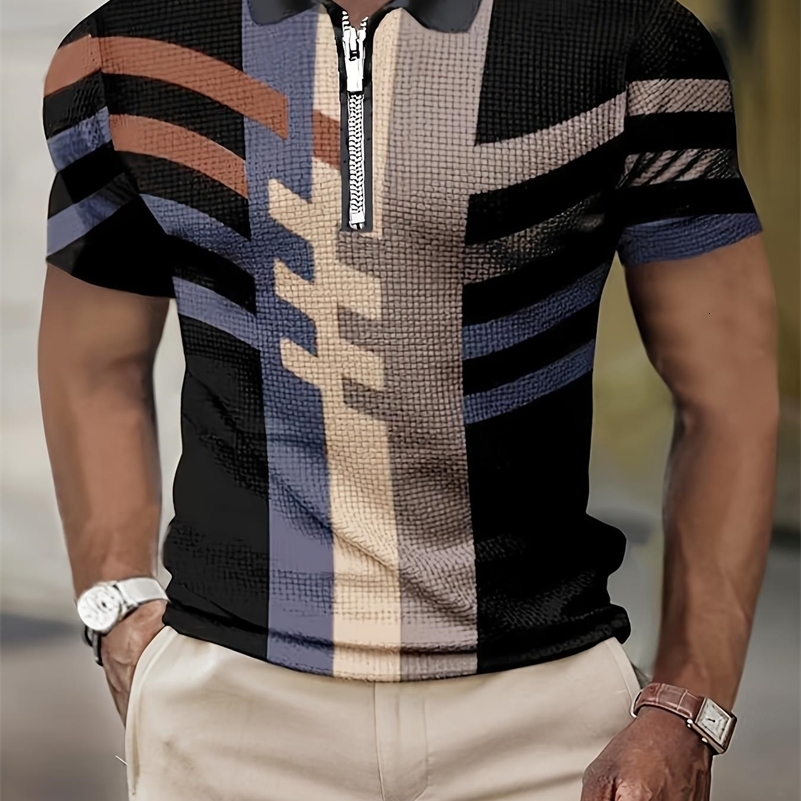 Mens Short-Sleeved POLO Shirt Summer Retro Striped 3D Printed Top Zipper Lapel Slim POLO Mens Casual Clothing 240816
