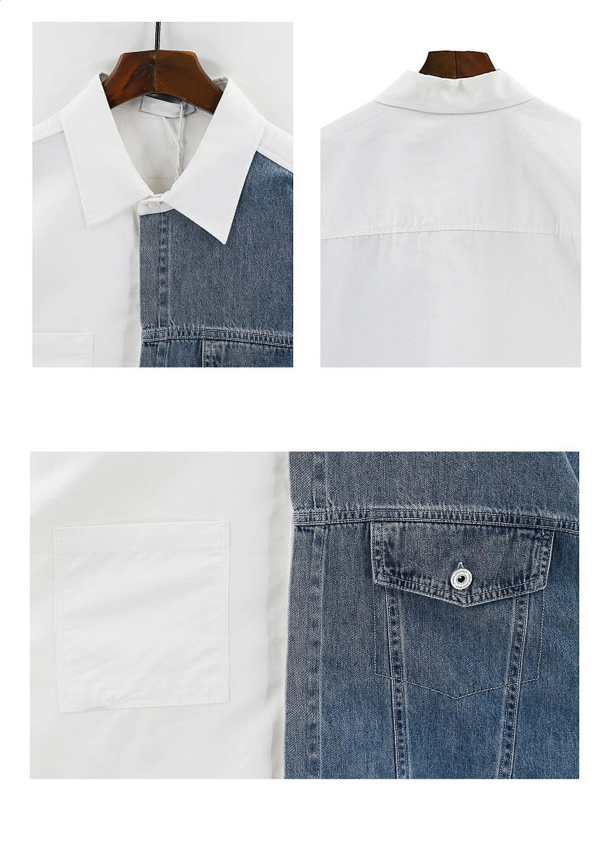 Denim Patchwork White Shirt Men Lapel Long Sleeve Button Loose Tops Spring Autumn Fashion Vintage Shirts Streetwear Male 240816