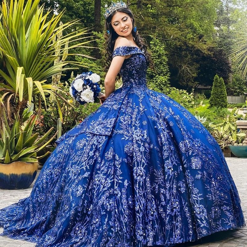 Navy Blue Quinceanera Sweet 16 Dress Princess Gown Applique Beading Sequined Birthday Party Prom Dresses Vestido De 15 Anos