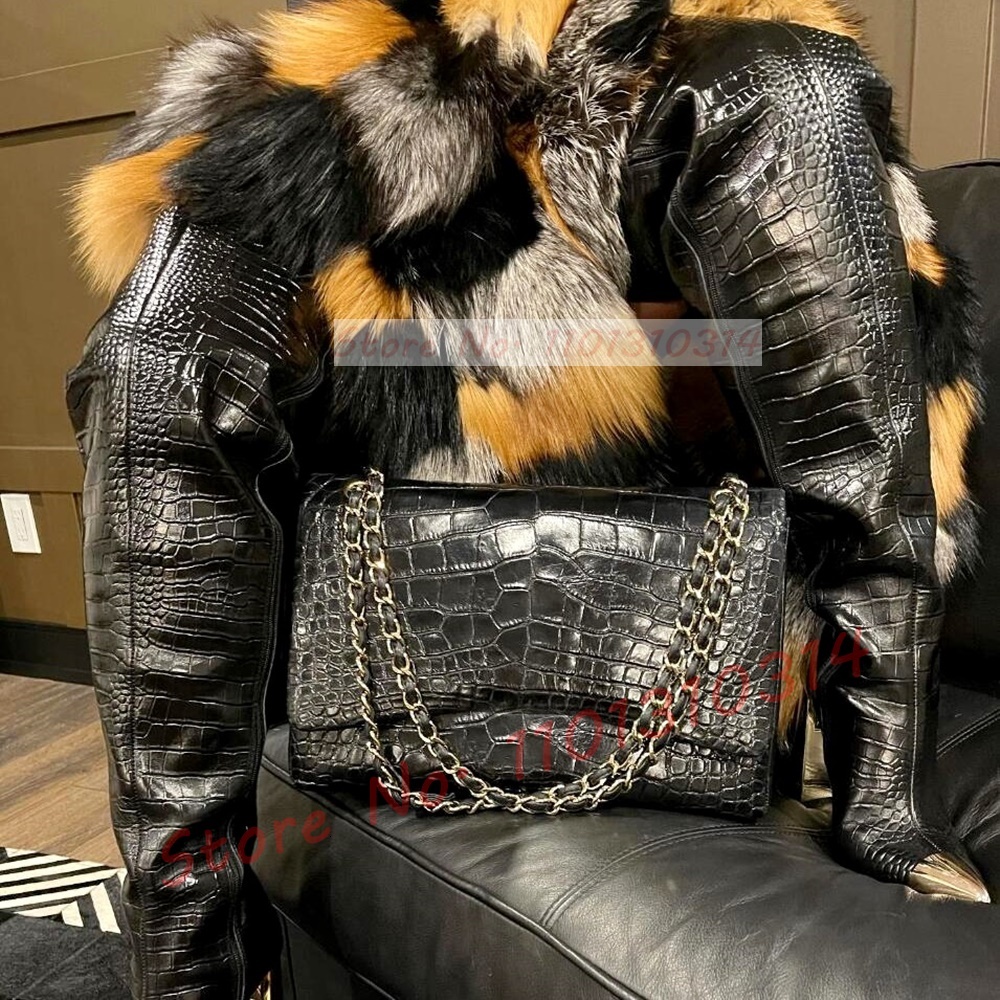 Pointy Toe Croc Long Women Sexy Leather Splicing Gold Thick Heels Zipper Boots Ladies Winter Thigh High Shoes