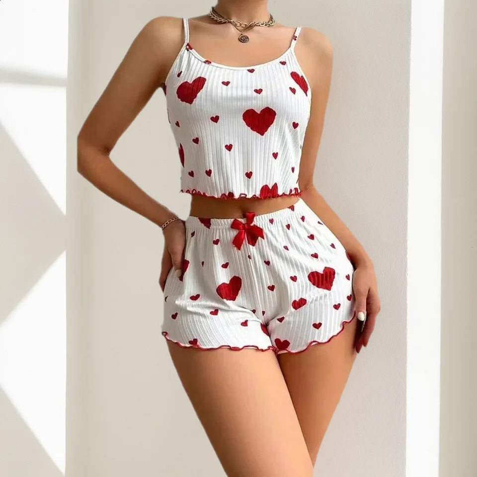 Womens Pajama Set 2Piece Short Tank Top and Shorts M L White Vent Soft Casual Love Printing w240819