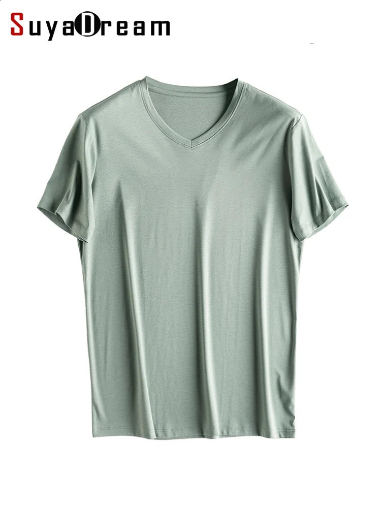 SuyaDream Mens Solid Tee Cotton Silk Blend Plain O neck Short Sleeved Cozy T Shirts Summer Simple Chic Top White Black 240816