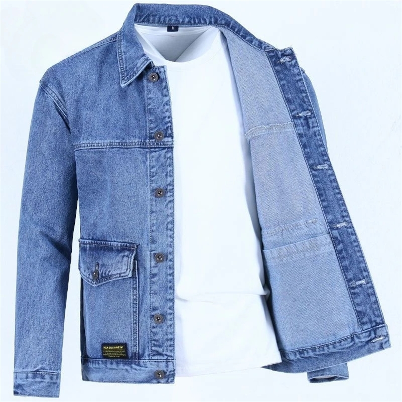 Male Jean Coats Blue Button Mens Denim Jacket Autumn Price Stylish in Y2k One Piece of Fabric Low Cost Cowgirl Size L 240816
