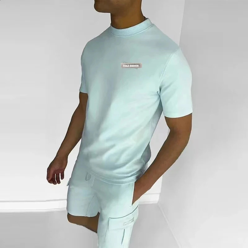 Men Suits Casual Sports Short-sleeve T-shirts Pocket Shorts Two Piece For Male Tracksuit Fashion Streetwear Solid Color Outfit 240816