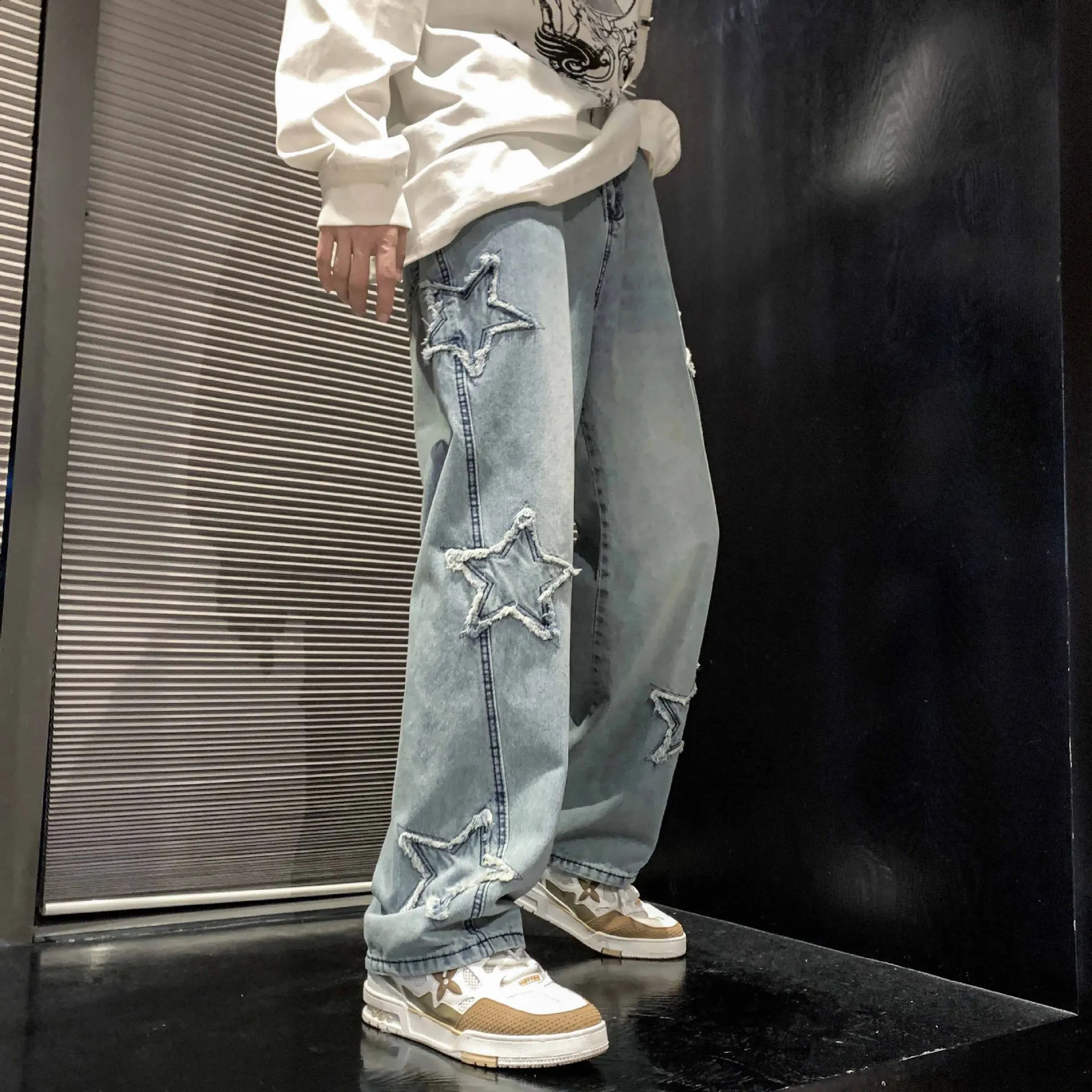 Mens Jeans Star Embroidered Ripped Hole Pants Graphic Motorcycle Loose Hip Hop High Street Punk Denim Clothing 240819