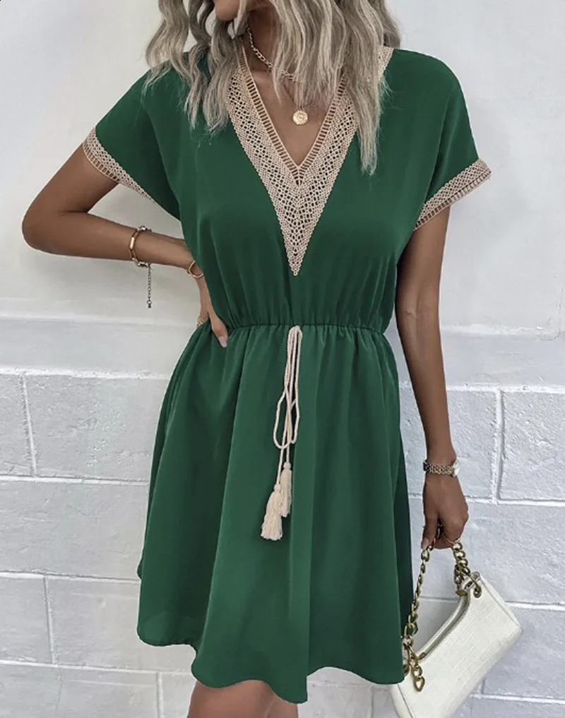 Elegant Womens White Dresses Summer Solid Short Sleeve Lace V-Neck Waistband Female Beach Midi Dress S-XXXL 240816