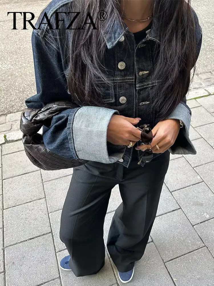 TRAFZA Womens Fashion Denim Jacket Pants Set Long Sleeve Single Chest Pocket Straight Trouser Jeans Office Womens Set 240821